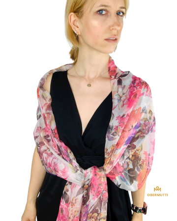 Schal aus Seide in der Farbe Rosa mit buntem Blumenprint